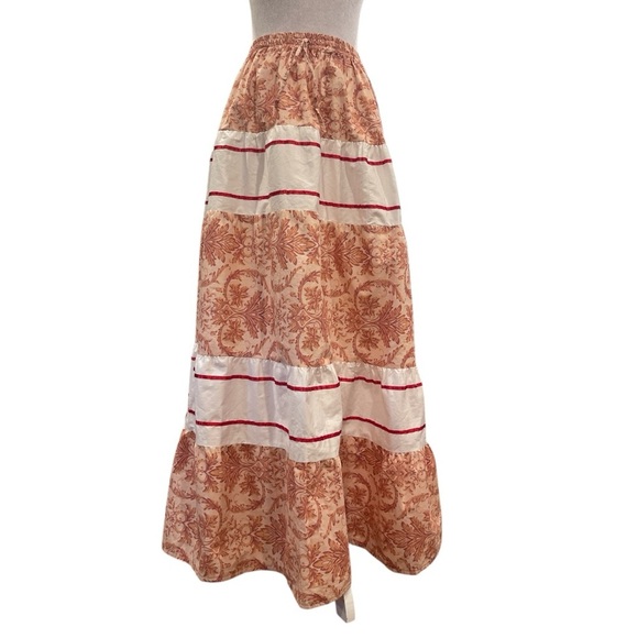 Handmade S/M cream/rust paisley red ribbon tiered elastic waist maxi skirt - Picture 1 of 6
